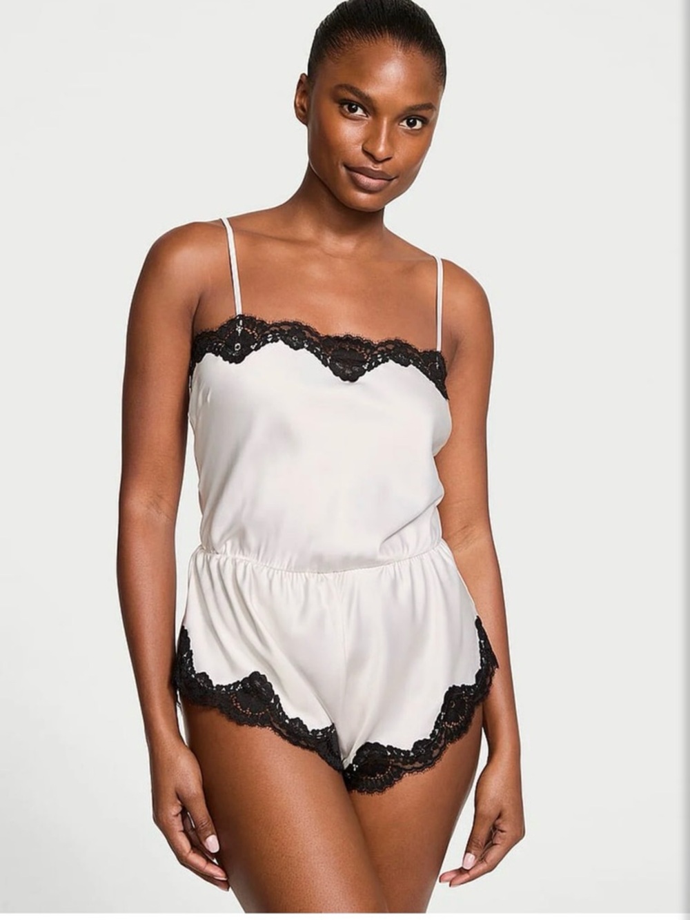Victoria secret Lace-Trim Satin Romper Cami - White with Black Lace